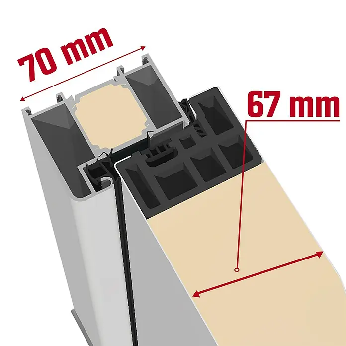 Splendoor Haustür Thermodoor PLUS SP10 - 110 x 210 cm, DIN Anschlag: Links, Verkehrsweiß - Querschnitt eines Fensterrahmens mit den Maßen 70 mm und 67 mm. Detaillierte Ansicht des Profils mit Isolierung.
