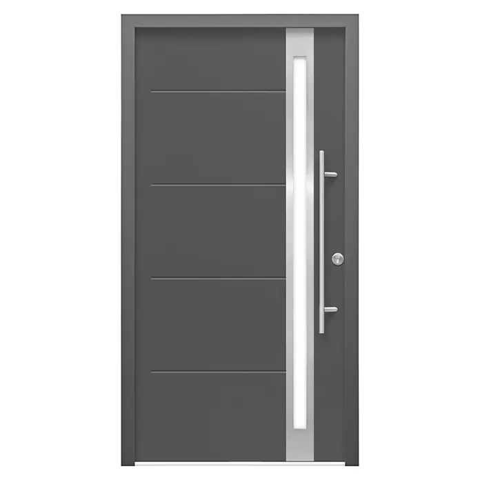 Splendoor Haustür Thermodoor PLUS SP30 - 100 x 210 cm, DIN Anschlag: Rechts, Anthrazitgrau Feinstruktur - Moderne Haustür in Anthrazitgrau mit vertikalem Lichtausschnitt und Edelstahlgriff, die einladende Eleganz ausstrahlt.