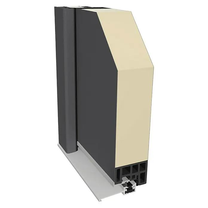 Splendoor Haustür Thermodoor PLUS SP10 - 110 x 210 cm, DIN Anschlag: Links, Anthrazitgrau Feinstruktur - Detailaufnahme eines Fensterrahmens im Querschnitt, das die Konstruktion und Materialien zeigt.