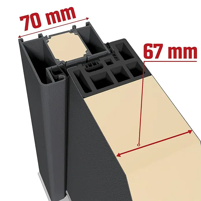 Splendoor Haustür Thermodoor PLUS SP10 - 110 x 210 cm, DIN Anschlag: Links, Anthrazitgrau Feinstruktur - Produktdetailansicht eines Fensterprofils mit den Maßen 70 mm und 67 mm, die die Konstruktionsdetails und Abmessungen des Profils hervorheben.