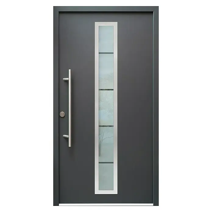 Splendoor Haustür Thermodoor PLUS SP70 - 110 x 210 cm, DIN Anschlag: Links, Anthrazitgrau Feinstruktur - Moderne Haustür in Anthrazit mit senkrechtem Glaseinsatz und elegantem Edelstahlgriff. Einladend und stilvoll.