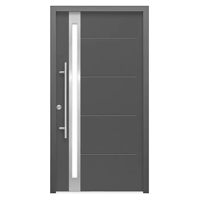 Splendoor Haustür Thermodoor PLUS SP30 - 110 x 210 cm, DIN Anschlag: Links, Anthrazitgrau Feinstruktur - Moderne anthrazitfarbene Haustür mit senkrechtem, silberfarbenem Glaseinsatz und einem langen, geraden Türgriff aus Edelstahl.