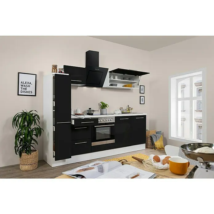 Respekta Premium Küchenzeile RP240WSCBO - Breite: 240 cm, Schwarz, Mit Elektrogeräten - Moderne Küche in Schwarz und Weiß mit Kochutensilien auf der Arbeitsfläche, die eine elegante und funktionale Raumlösung bietet.