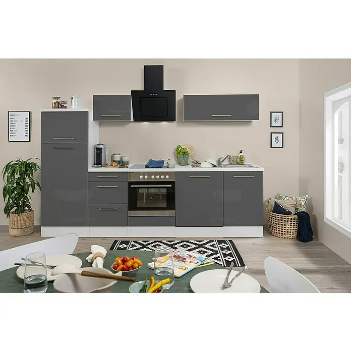 Respekta Premium Küchenzeile RP280WGCBO - Breite: 280 cm, Grau, Mit Elektrogeräten - Moderne graue Hochglanzküche mit weißen Akzenten, inklusive Elektrogeräten und Dunstabzugshaube, präsentiert in einem stilvollen Küchenambiente.