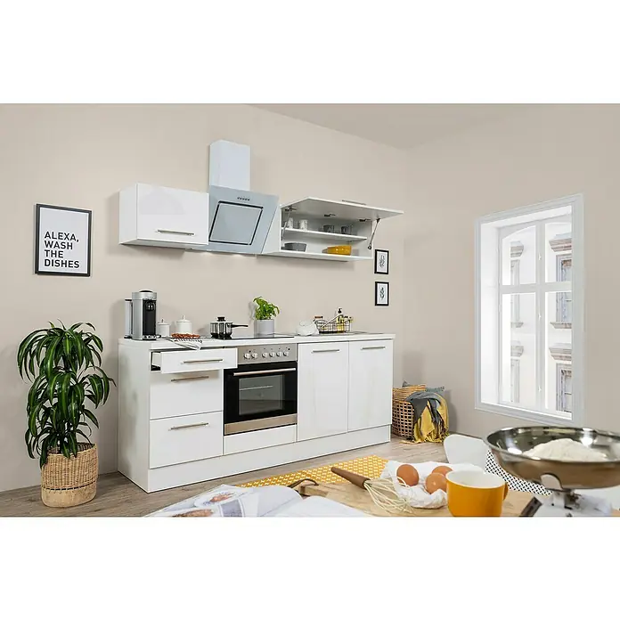 Respekta Premium Küchenzeile RP210WWCBO - Breite: 210 cm, Weiß, Mit Elektrogeräten - Küchenzeile in Weiß mit Hängeschrank, Dunstabzugshaube, Herd, Spüle, Pflanze und Dekor. Der Fokus liegt auf dem modernen Design und der Funktionalität.