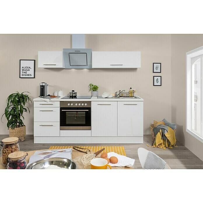 Respekta Premium Küchenzeile RP210WWCBO (Breite: 210 cm, Mit Elektrogeräten, Weiß Hochglanz)