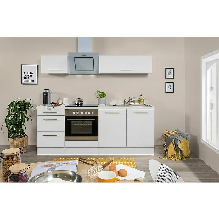 Respekta Premium Küchenzeile RP210WWCBO - Breite: 210 cm, Weiß, Mit Elektrogeräten - Moderne Küchenzeile in Weiß mit Elektrogeräten, Spüle und Kochutensilien für eine praktische und stilvolle Küchenausstattung.