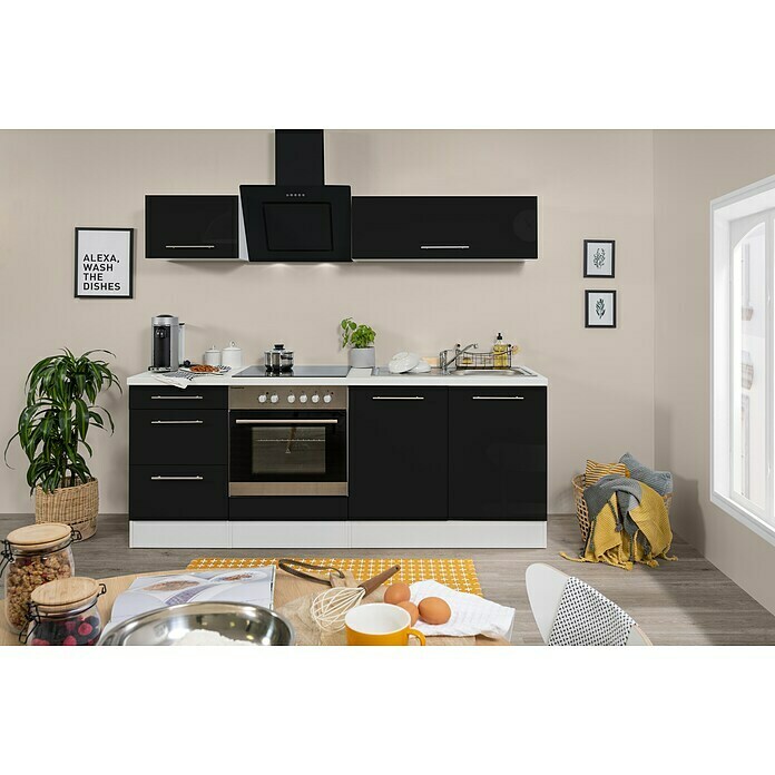Respekta Premium Küchenzeile RP210WSCBO (Breite: 210 cm, Mit Elektrogeräten, Schwarz Hochglanz)