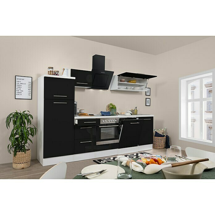 Respekta Premium Küchenzeile RP280WSCBO (Breite: 280 cm, Mit Elektrogeräten, Schwarz Hochglanz)