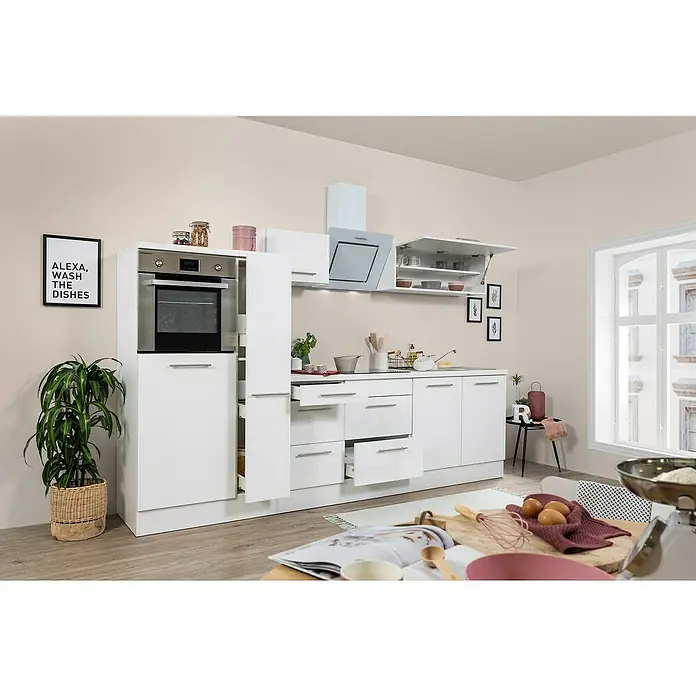 Respekta Premium Küchenzeile RP300HWWBO - Breite: 300 cm, Weiß, Mit Elektrogeräten - Helle Küche mit weißen Schränken, eingebautem Ofen und modernen Dunstabzugshaube für ein sauberes und stilvolles Ambiente.