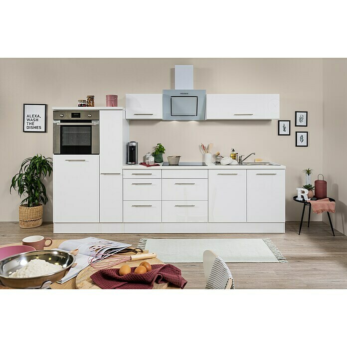 Respekta Premium Küchenzeile RP300HWWBO (Breite: 300 cm, Mit Elektrogeräten, Weiß Hochglanz)