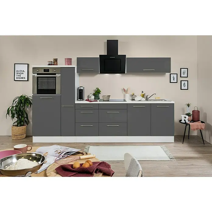 Respekta Premium Küchenzeile RP300HWGBO - Breite: 300 cm, Grau, Mit Elektrogeräten - Modernes Küchendesign mit grauen Schränken, integriertem Ofen und einer stilvollen Dunstabzugshaube. Perfekt für moderne Wohnräume.