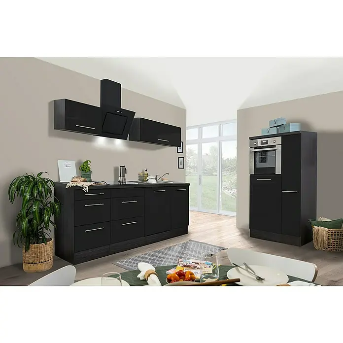 Respekta Premium Küchenzeile RP310HESBO - Breite: 310 cm, Schwarz, Mit Elektrogeräten - Moderne Küche in Schwarz mit Hochglanzfronten, Dunstabzugshaube und Einbaugeräten. Die Küche bietet viel Stauraum und eine elegante Optik.