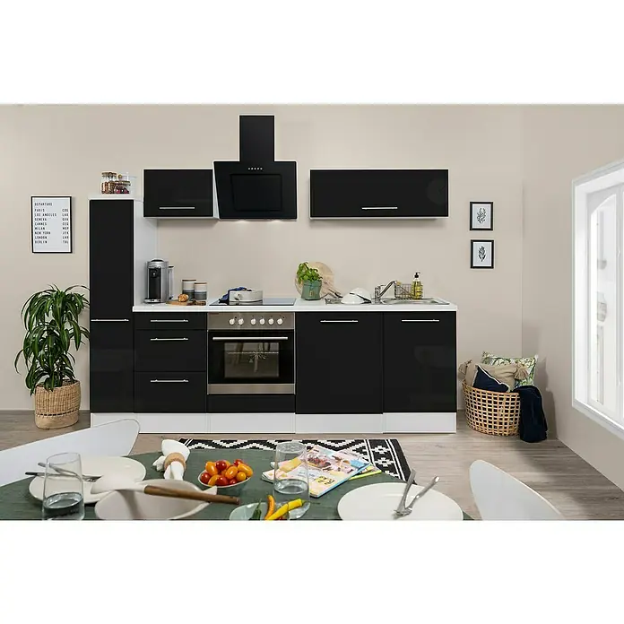 Respekta Premium Küchenzeile RP250WSCBO - Breite: 250 cm, Schwarz, Mit Elektrogeräten - Moderne Küche in Schwarz und Weiß mit Esstisch im Vordergrund. Die Küchenmöbel sind elegant und bieten viel Stauraum.
