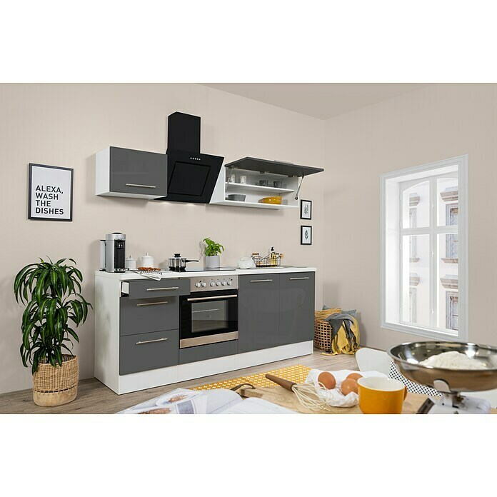 Respekta Premium Küchenzeile RP210WGCBO (Breite: 210 cm, Mit Elektrogeräten, Grau Hochglanz)
