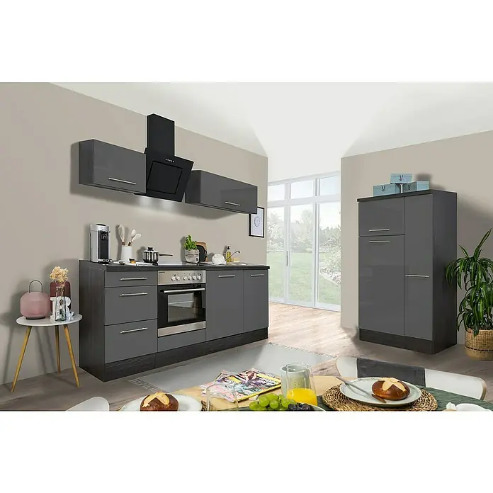 Respekta Premium Küchenzeile RP310EGCBO - Breite: 310 cm, Grau, Mit Elektrogeräten - Elegantes Küchenensemble mit modernen grauen Schränken, Dunstabzugshaube und Esstisch mit Brezeln. Stilvolles Design für Ihre Küche.