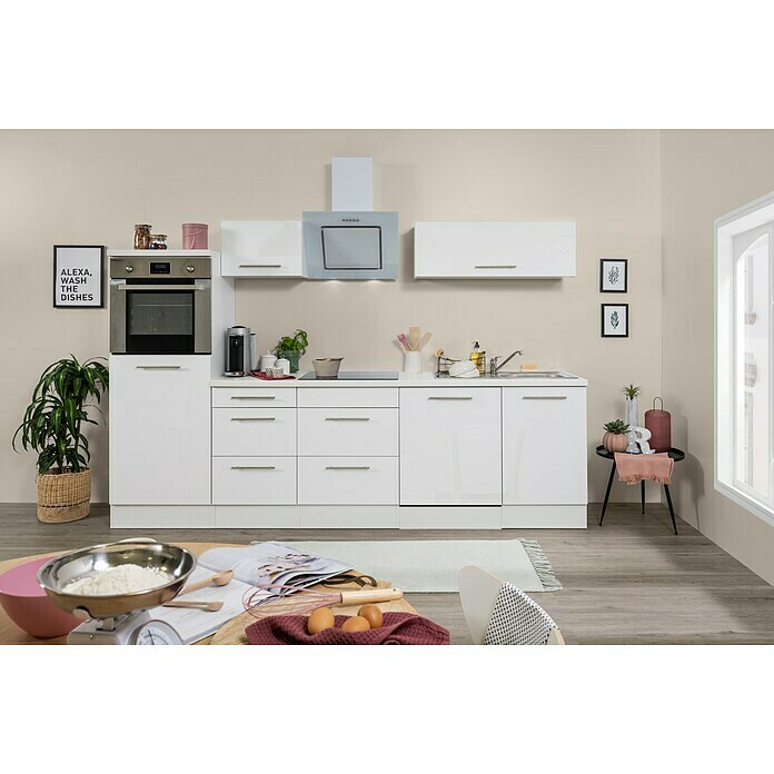 Respekta Premium Küchenzeile RP280HWWBO (Breite: 280 cm, Mit Elektrogeräten, Weiß Hochglanz)
