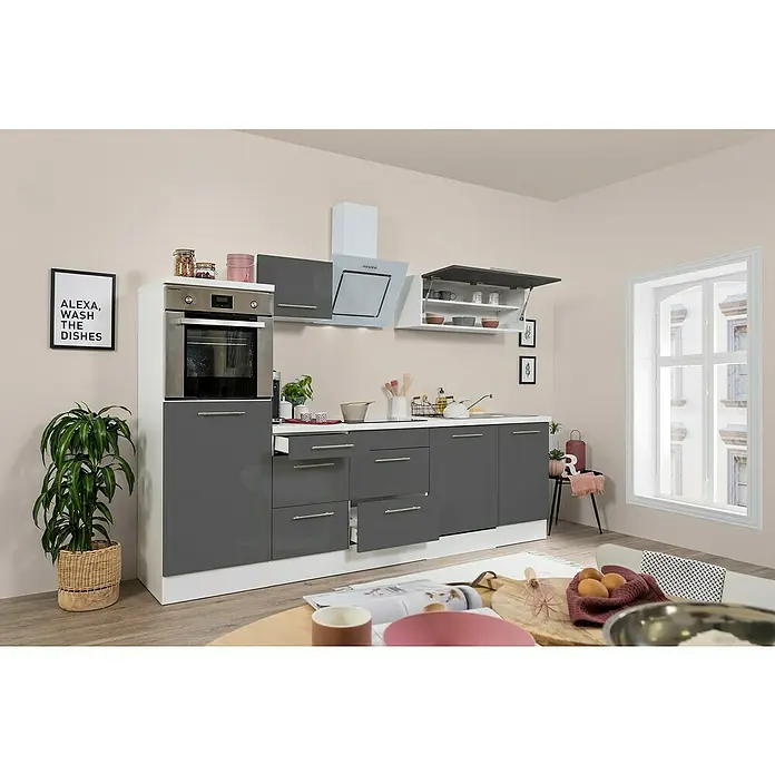 Respekta Premium Küchenzeile RP280HWGBO - Breite: 280 cm, Grau, Mit Elektrogeräten - Küchendesign mit modernen grauen Schränken, einem weißen Ofen und einer Dunstabzugshaube, die Stil und Funktionalität vereinen.