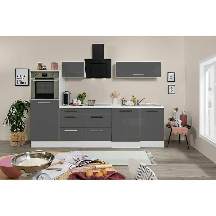 Respekta Premium Küchenzeile RP280HWGBO - Breite: 280 cm, Grau, Mit Elektrogeräten - Küchendesign mit grauen Schränken, einer Dunstabzugshaube und Kochutensilien auf dem Tisch.