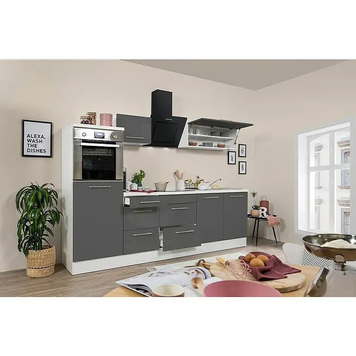 Respekta Premium Küchenzeile RP270HWGBO - Breite: 270 cm, Grau, Mit Elektrogeräten - Moderne Küchenzeile in Grau und Weiß mit stilvoller Dunstabzugshaube, Einbaubackofen und Hängeschränken für eine praktische Küchengestaltung.
