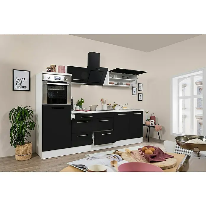 Respekta Premium Küchenzeile RP270HWSBO - Breite: 270 cm, Schwarz, Mit Elektrogeräten - Eine moderne Küche in Schwarz und Weiß mit Einbaugeräten, die Funktionalität und Design vereint.