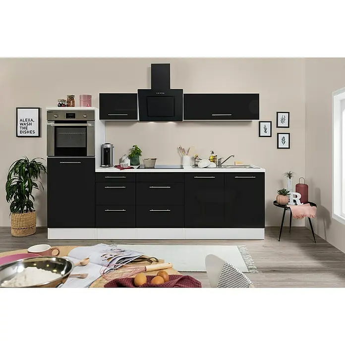 Respekta Premium Küchenzeile RP270HWSBO - Breite: 270 cm, Schwarz, Mit Elektrogeräten - Moderne Küche mit schwarzen Hochglanzfronten, weißen Arbeitsplatten und Hängeschränken. Inklusive Dunstabzugshaube und Einbaubackofen für stilvolles Kochen.