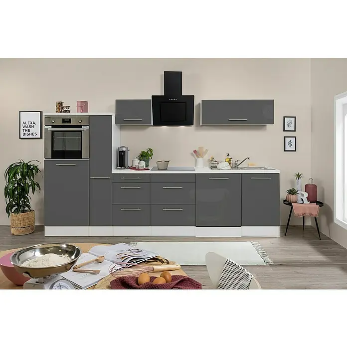 Respekta Premium Küchenzeile RP310HWGBO - Breite: 310 cm, Grau, Mit Elektrogeräten - Eine moderne Küche in Grau und Weiß mit glänzenden Oberflächen, integrierten Geräten und stilvoller Dunstabzugshaube.