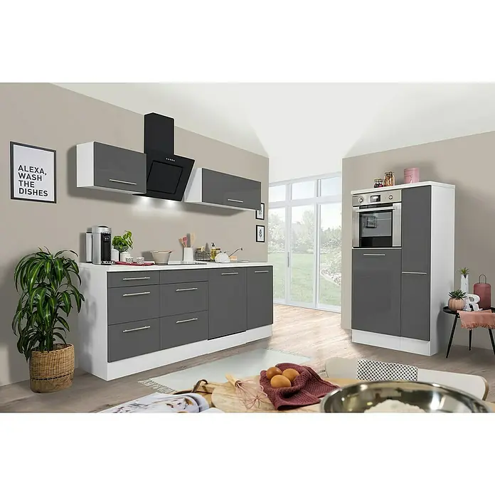 Respekta Premium Küchenzeile RP310HWGBO - Breite: 310 cm, Grau, Mit Elektrogeräten - Moderne Küche mit grauen Schränken, einer schwarzen Dunstabzugshaube und einem weißen Arbeitsbereich. Eine stilvolle und funktionale Kücheneinrichtung.