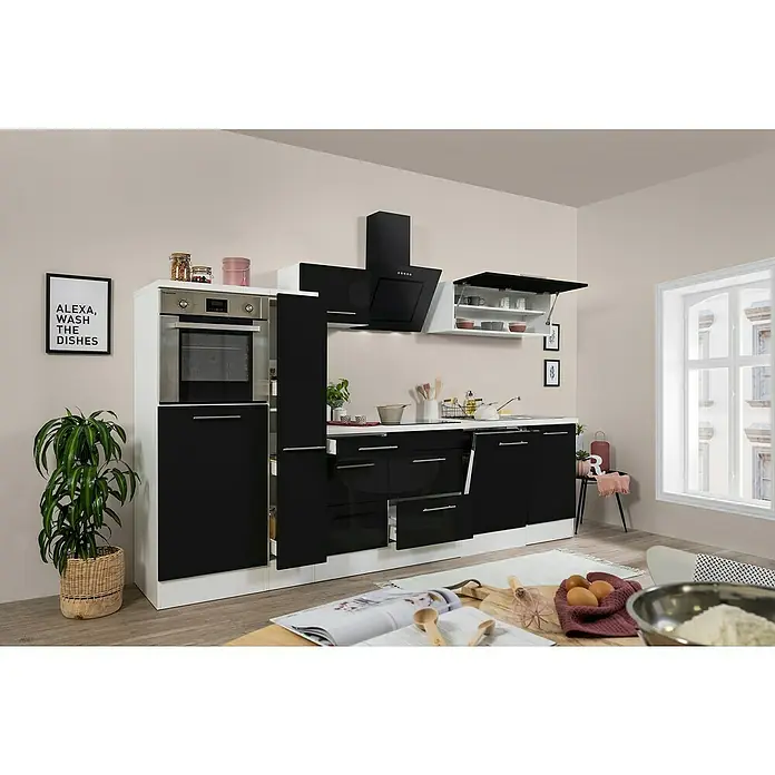 Respekta Premium Küchenzeile RP310HWSBO - Breite: 310 cm, Schwarz, Mit Elektrogeräten - Küchenzeile mit hochglänzenden, schwarzen Fronten und weißen Akzenten, ausgestattet mit modernster Technik und Stauraumlösungen für eine optimale Raumausnutzung.