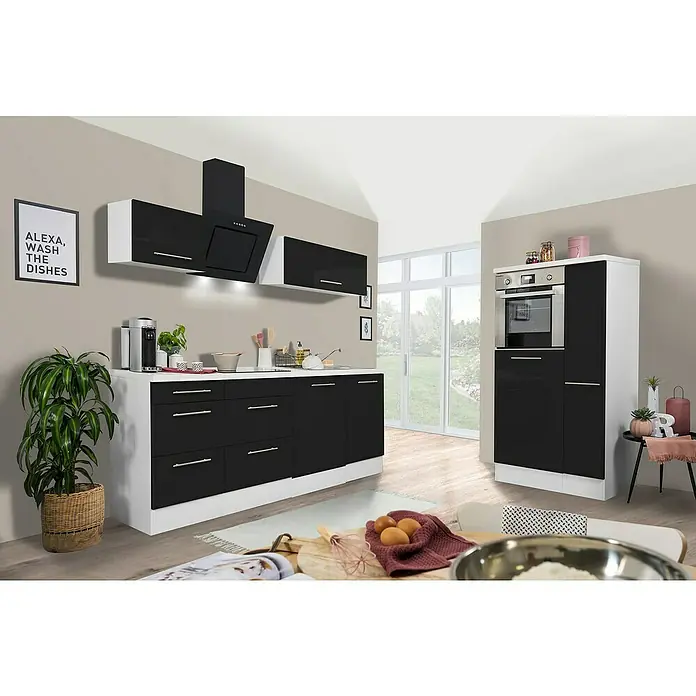 Respekta Premium Küchenzeile RP310HWSBO - Breite: 310 cm, Schwarz, Mit Elektrogeräten - Elegantes Küchendesign mit schwarzen Fronten und weißen Akzenten, inklusive Dunstabzugshaube und Einbaubackofen für ein modernes Ambiente.