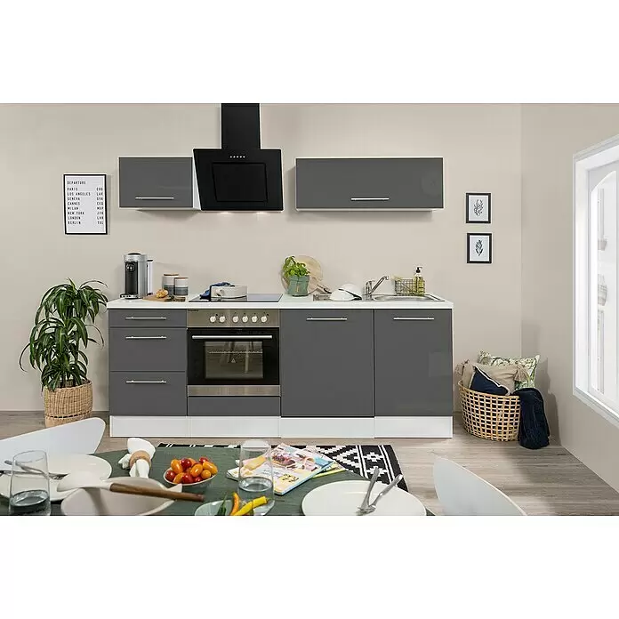 Respekta Premium Küchenzeile RP220WGCBO - Breite: 220 cm, Grau, Mit Elektrogeräten - Stimmungsaufnahme