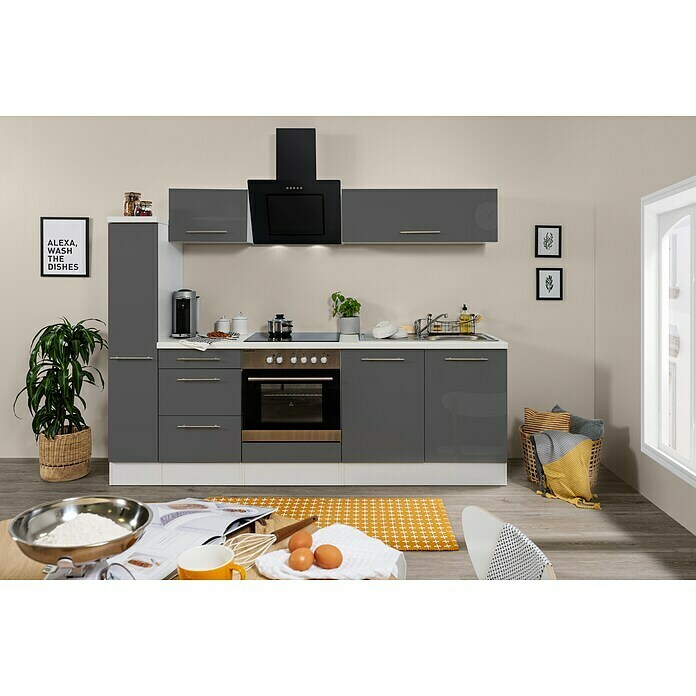 Respekta Premium Küchenzeile RP240WGCBO (Breite: 240 cm, Mit Elektrogeräten, Grau Hochglanz)