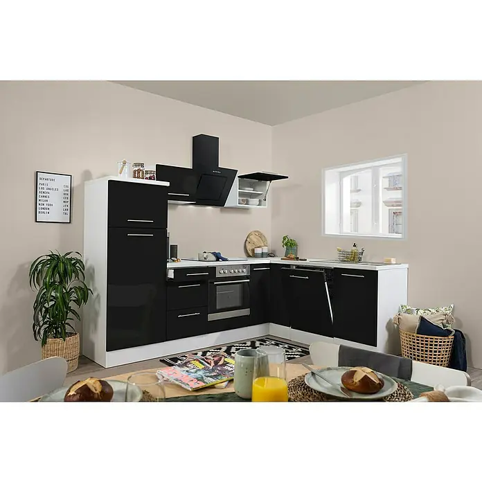 Respekta Premium Winkelküche RP260WSCBO - B x T: 260 x 60 cm, Schwarz, Mit Elektrogeräten - Eine moderne Küche in Schwarz und Weiß mit stilvollen Details und einer gemütlichen Atmosphäre.