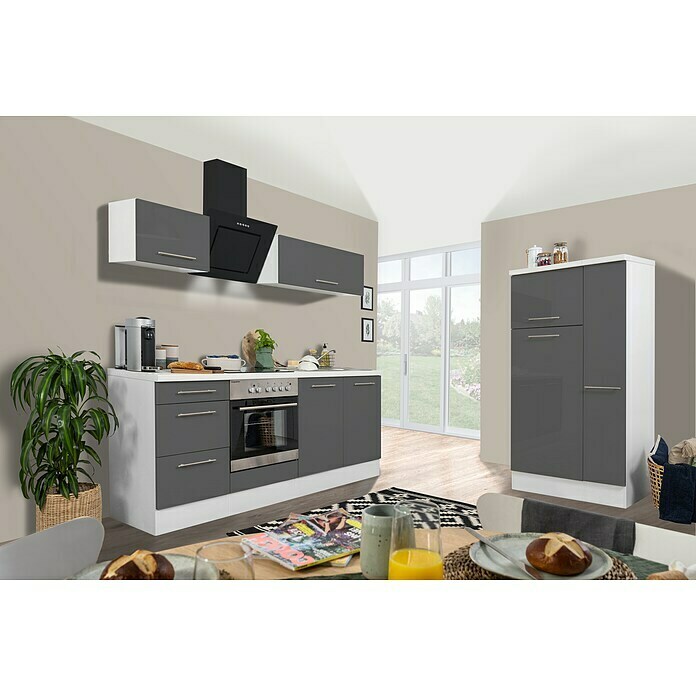 Respekta Premium Küchenzeile RP300WGCBO (Breite: 300 cm, Mit Elektrogeräten, Grau Hochglanz)