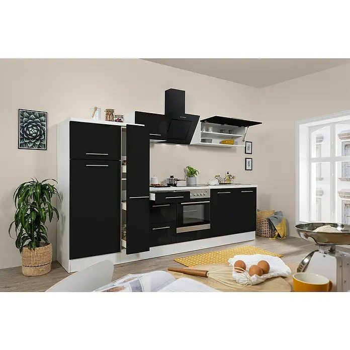Respekta Premium Küchenzeile RP300WSCBO - Breite: 300 cm, Schwarz, Mit Elektrogeräten - Küchenzeile in Schwarz und Weiß mit modernen Geräten und stilvollem Design. Ideal für moderne Wohnräume und effiziente Küchenarbeit.