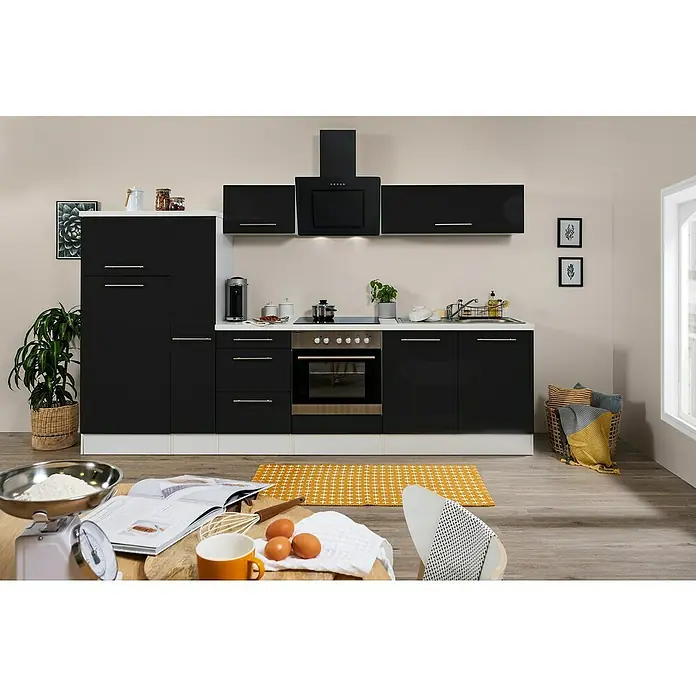 Respekta Premium Küchenzeile RP300WSCBO - Breite: 300 cm, Schwarz, Mit Elektrogeräten - Elegante Küche mit glänzend schwarzen Fronten, einer weißen Arbeitsplatte und modernen Geräten. Ideal für stilbewusste Köche.