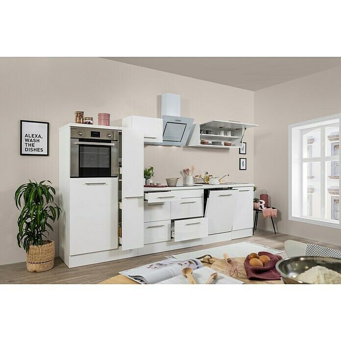 Respekta Premium Küchenzeile RP310HWWBO (Breite: 310 cm, Mit Elektrogeräten, Weiß Hochglanz)