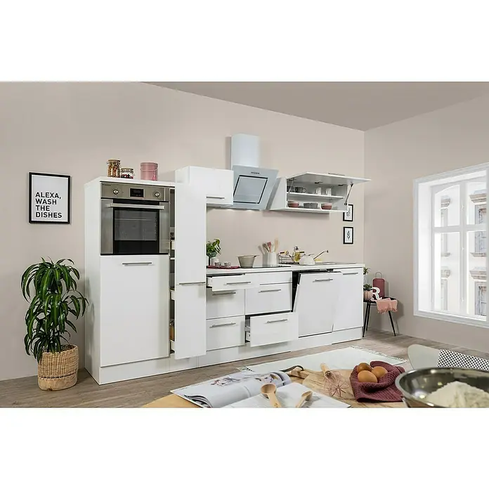 Respekta Premium Küchenzeile RP310HWWBO - Breite: 310 cm, Weiß, Mit Elektrogeräten - Eine moderne, weiße Einbauküche mit integriertem Ofen, Dunstabzugshaube und praktischen Schubladenlösungen für optimalen Stauraum.