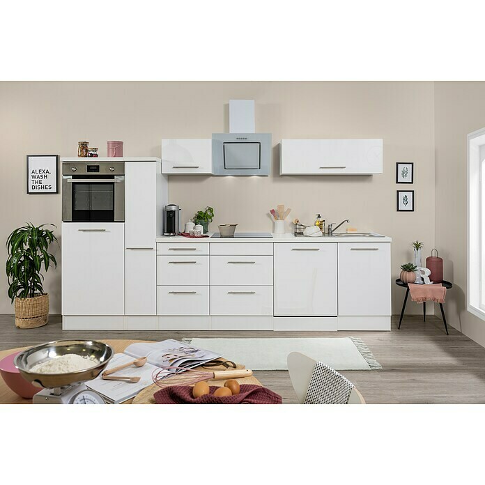 Respekta Premium Küchenzeile RP310HWWBO (Breite: 310 cm, Mit Elektrogeräten, Weiß Hochglanz)