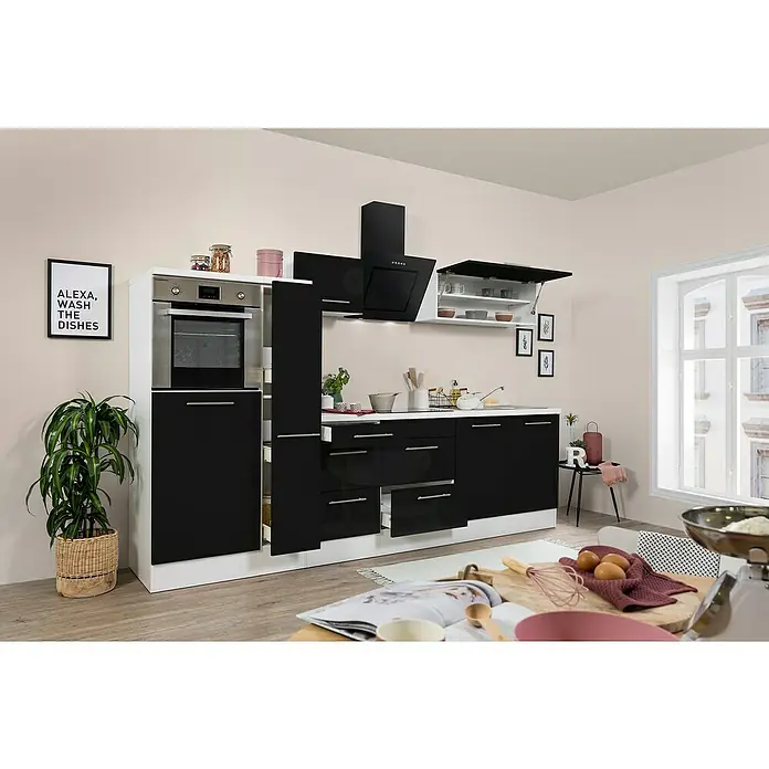 Respekta Premium Küchenzeile RP300HWSBO - Breite: 300 cm, Schwarz, Mit Elektrogeräten - Helle Küche mit schwarzen Schränken, einem modernen Dunstabzug und eingebauten Geräten, die eine stilvolle und funktionale Raumlösung bieten.