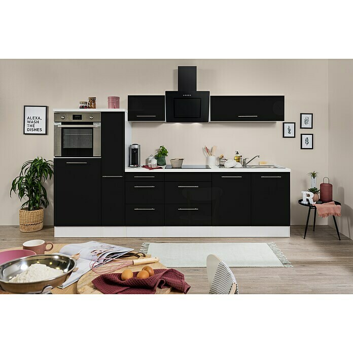 Respekta Premium Küchenzeile RP300HWSBO (Breite: 300 cm, Mit Elektrogeräten, Schwarz Hochglanz)