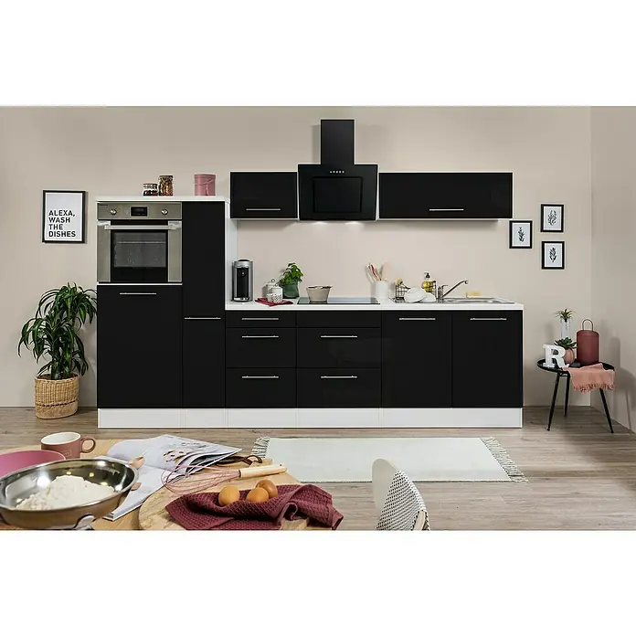 Respekta Premium Küchenzeile RP300HWSBO - Breite: 300 cm, Schwarz, Mit Elektrogeräten - Küchenzeile in Schwarz und Weiß mit Elektrogeräten und Deko, die eine moderne und funktionale Raumlösung bietet.