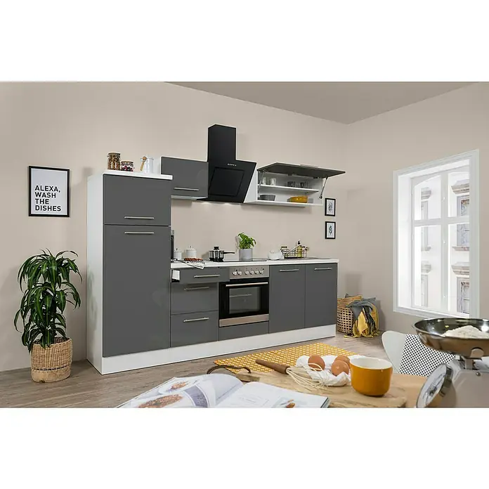 Respekta Premium Küchenzeile RP270WGCBO - Breite: 270 cm, Grau, Mit Elektrogeräten - Moderne Küche in Grau und Weiß mit Kochutensilien auf der Arbeitsfläche. Einladendes Küchendesign mit klaren Linien und stilvoller Ausstattung.