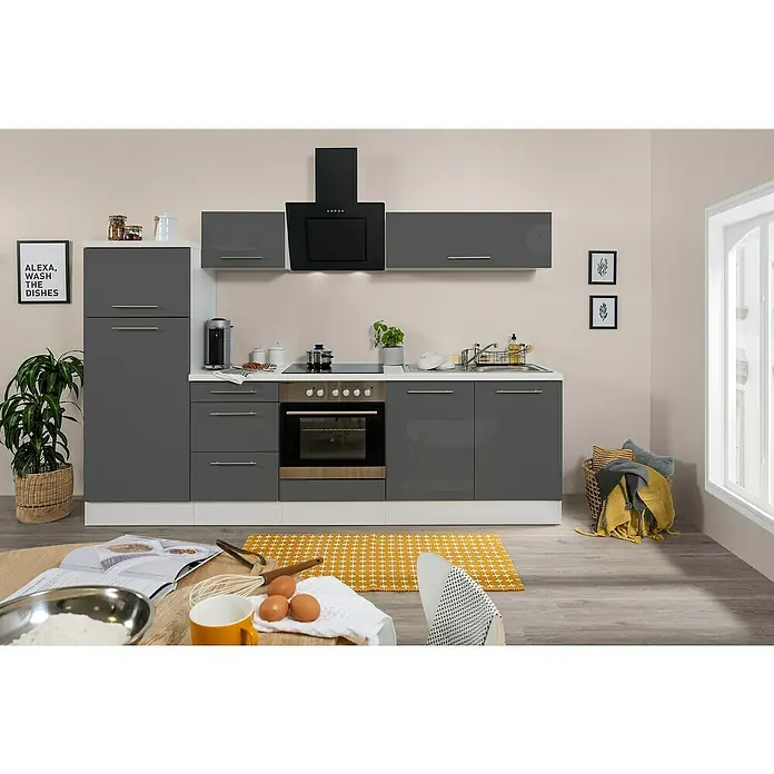 Respekta Premium Küchenzeile RP270WGCBO - Breite: 270 cm, Grau, Mit Elektrogeräten - Graue Küchenzeile mit Dunstabzugshaube, Hängeschränken und einer Arbeitsfläche. Ein Kochfeld und Backofen sind auch in der modernen Küche integriert.