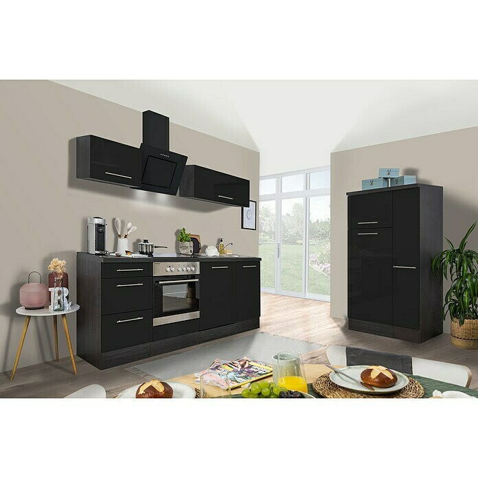 Respekta Premium Küchenzeile RP310ESCBO (Breite: 310 cm, Mit Elektrogeräten, Schwarz Hochglanz)