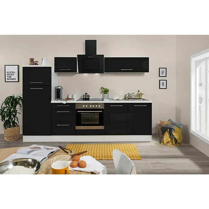 Respekta Premium Küchenzeile RP270WSCBO - Breite: 270 cm, Schwarz, Mit Elektrogeräten - Elegante schwarze Küche mit modernen Geräten und stilvollem Design, ideal für zeitgemäße Wohnräume.