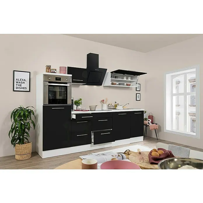 Respekta Premium Küchenzeile RP280HWSBO - Breite: 280 cm, Schwarz, Mit Elektrogeräten - Bild einer modernen Küche mit schwarzen Schränken, einem Backofen und einer Dunstabzugshaube. Die Küche verfügt über eine elegante und funktionale Ausstattung.