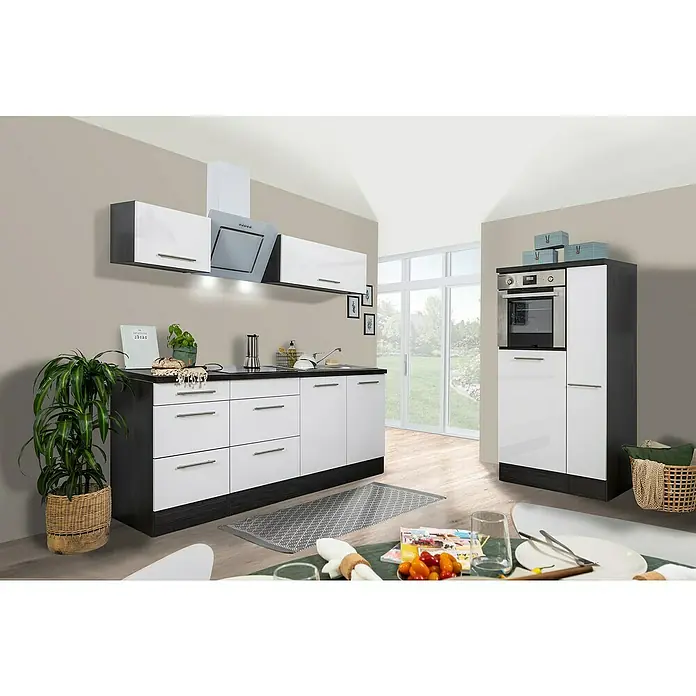 Respekta Premium Küchenzeile RP300HEWBO - Breite: 300 cm, Weiß, Mit Elektrogeräten - Moderne Küche mit weißen Hochglanzfronten und dunklen Akzenten, inklusive Hängeschränken und integriertem Backofen für ein stilvolles Ambiente.