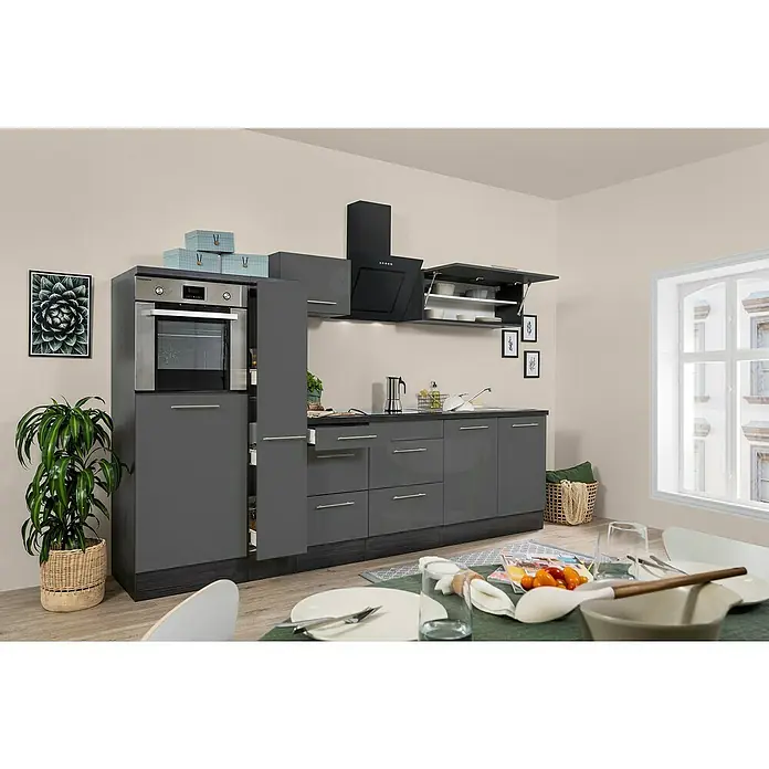 Respekta Premium Küchenzeile RP300HEGBO - Breite: 300 cm, Grau, Mit Elektrogeräten - Moderne Küche mit grauen Schränken und integriertem Backofen, die ein stilvolles und funktionales Design bietet.