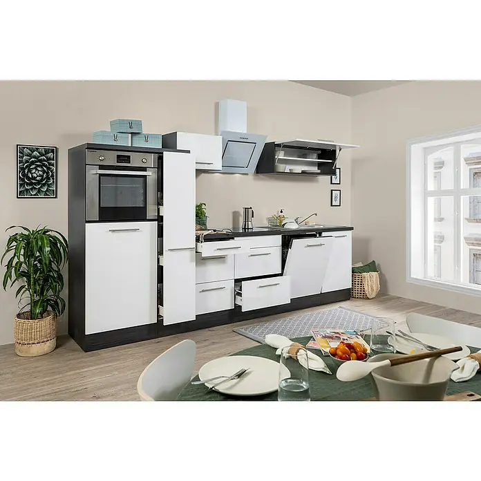Respekta Premium Küchenzeile RP310HEWBO - Breite: 310 cm, Weiß, Mit Elektrogeräten - Elegante Küche mit weißen Schränken, Schubladen und modernen Geräten. Der Dunstabzug und die grauen Akzente verleihen einen modernen Look.